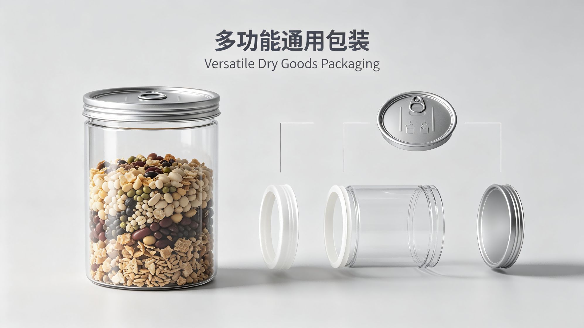 多功能全开铝盖PET瓶 干货通用包装亮点
